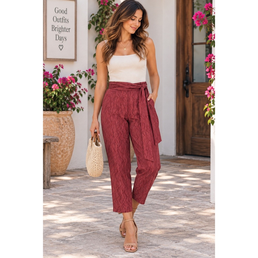Anthroologie Ett:Twa 4 Rose Jacquard Aubade Tie Waist Pants Cropped Tapered